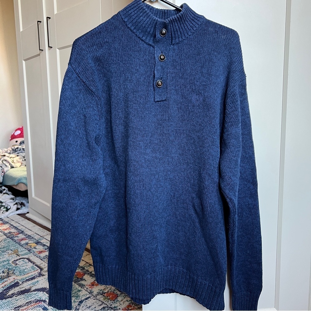 Chaps Blue Button Mock Neck Cotton Knit Sweater with Suede Elbow Patches xl